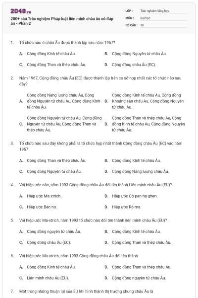 200+ câu Trắc nghiệm Pháp luật liên minh châu âu có đáp án - Phần 2