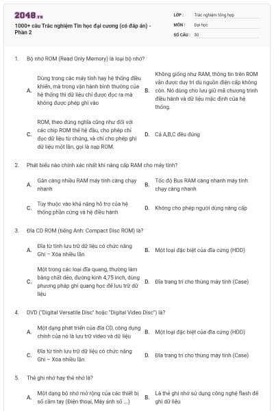 1000+ câu Trắc nghiệm Tin học đại cương (có đáp án) - Phần 2