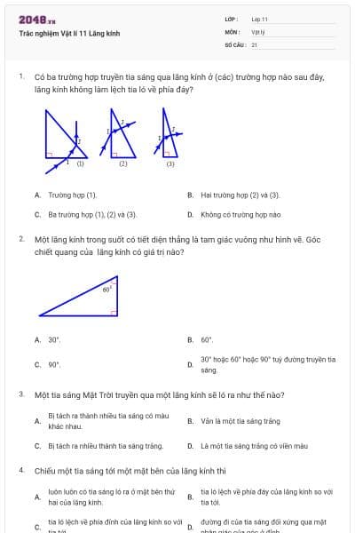 Trắc nghiệm Vật lí 11 Lăng kính