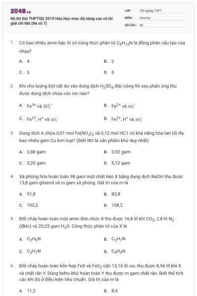 Đề thi thử THPTQG 2019 Hóa Học mức độ nâng cao có lời giải chi tiết (Đề số 7)