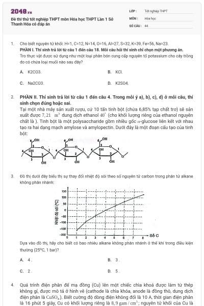 Đề thi thử tốt nghiệp THPT môn Hóa học THPT  Lần 1 Sở Thanh Hóa có đáp án