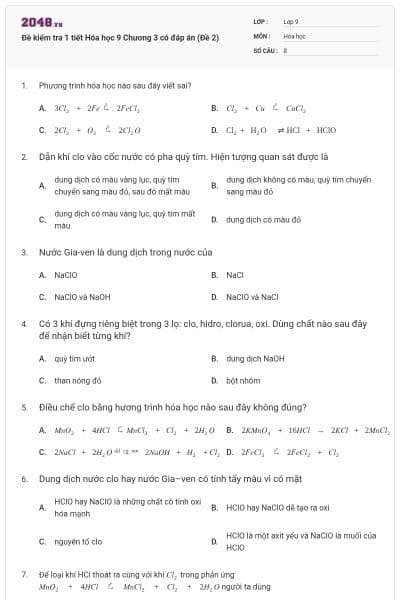 Đề kiểm tra 1 tiết Hóa học 9 Chương 3 có đáp án (Đề 2)