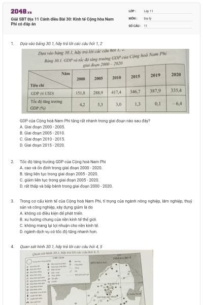 Giải SBT Địa 11 Cánh diều Bài 30: Kinh tế Cộng hòa Nam Phi có đáp án
