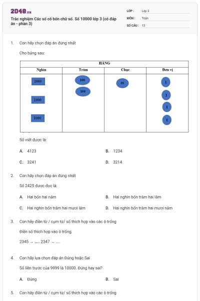 Trắc nghiệm Các số có bốn chữ số. Số 10000 lớp 3 (có đáp án - phần 3)