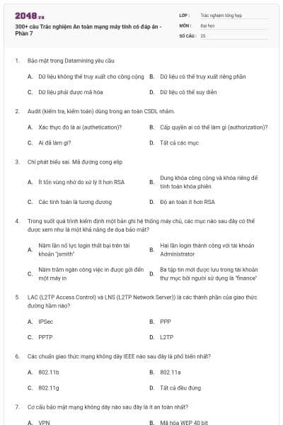 300+ câu Trắc nghiệm An toàn mạng máy tính có đáp án - Phần 7