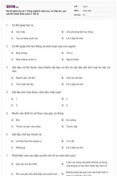 Đề thi giữa học kì 1 Công nghệ 8 chọn lọc, có đáp án, cực sát đề chính thức (Lần 2- Đề 2)