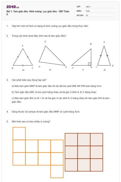 Bài 1: Tam giác đều. Hình vuông. Lục giác đều - SBT Toán 6