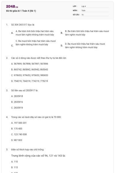 Đề thi giữa kì 1 Toán 4 (Đề 1)