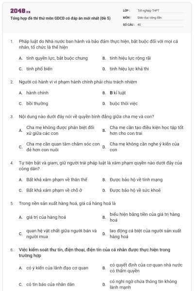 Tổng hợp đề thi thử môn GDCD có đáp án mới nhất (Đề 5)