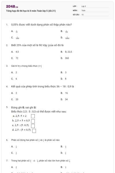 Tổng hợp đề thi học kì II môn Toán lớp 5 (đề 21)