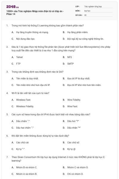1000+ câu Trắc nghiệm Nhập môn điện tử có đáp án - Phần 14