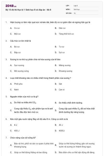 Bộ 15 đề thi Học kì 1 Sinh học 8 có đáp án - Đề 8