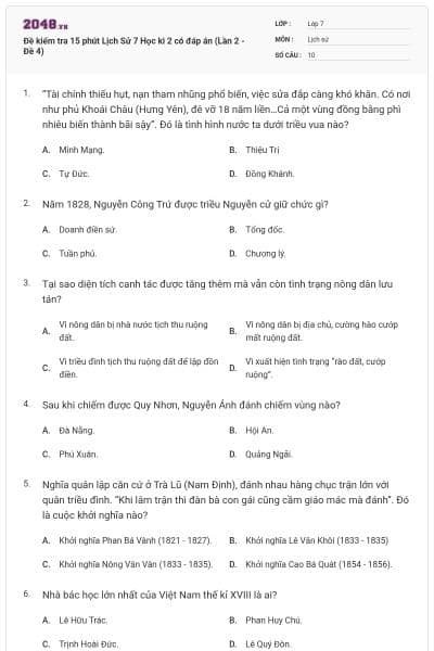 Đề kiểm tra 15 phút Lịch Sử 7 Học kì 2 có đáp án (Lần 2 - Đề 4)