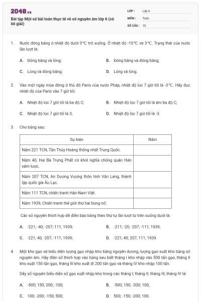 Bài tập Một số bài toán thực tế về số nguyên âm lớp 6 (có lời giải)