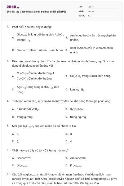200 Bài tập Cacbohidrat ôn thi Đại học có lời giải (P5)
