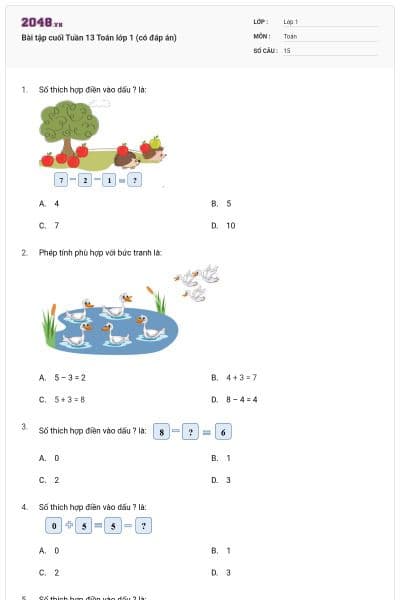 Bài tập cuối Tuần 13 Toán lớp 1 (có đáp án)