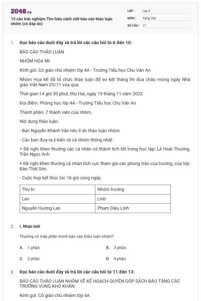 15 câu trắc nghiệm Tìm hiểu cách viết báo cáo thảo luận nhóm (có đáp án)