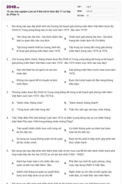 15 câu trắc nghiệm Lịch sử 9 Kết nối tri thức Bài 17 có đáp án (Phần 7)