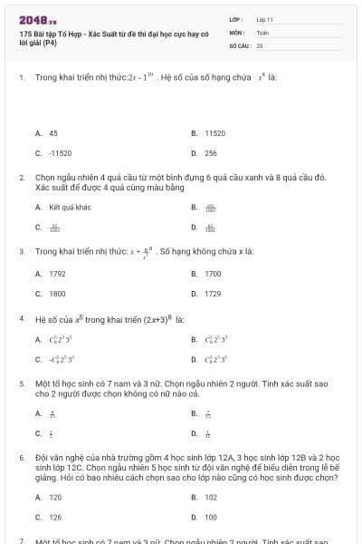 175  Bài tập Tổ Hợp - Xác Suất từ đề thi đại học cực hay có lời giải (P4)