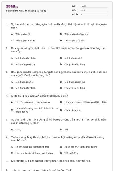 Đề kiểm tra Địa Lí 10 Chương 10 (Đề 1)