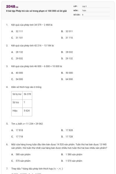 8 bài tập Phép trừ các số trong phạm vi 100 000 có lời giải