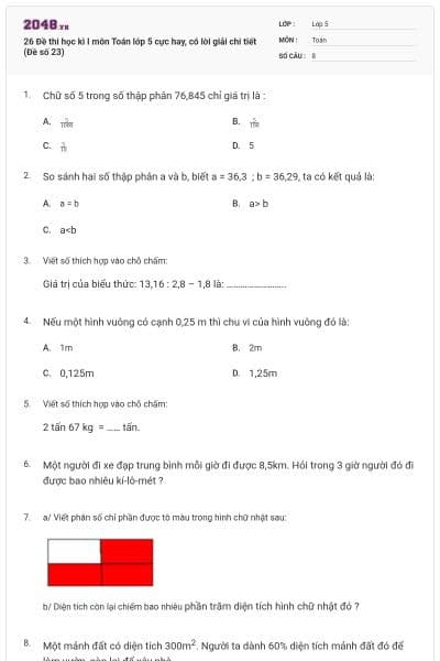 26 Đề thi học kì I môn Toán lớp 5 cực hay, có lời giải chi tiết (Đề số 23)