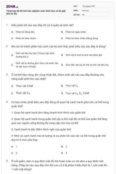Tổng hợp đề thi thử trắc nghiệm môn Sinh Học có lời giải (Đề số 30)