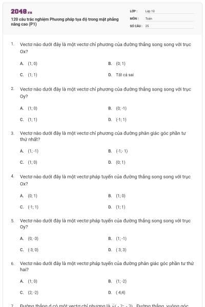 120 câu trắc nghiệm Phương pháp tọa độ trong mặt phẳng nâng cao (P1)