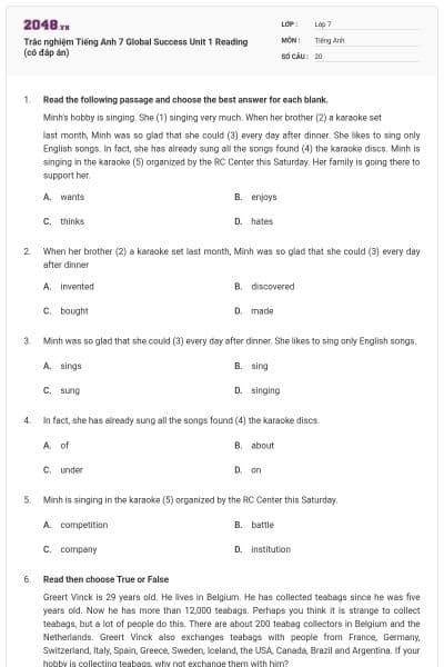 Trắc nghiệm Tiếng Anh 7 Global Success Unit 1 Reading (có đáp án)