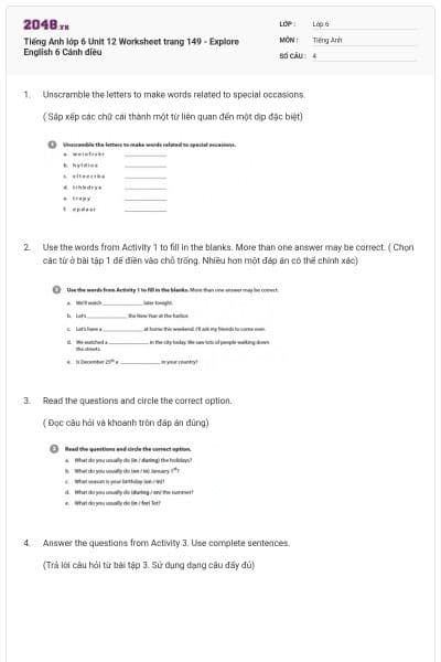 Tiếng Anh lớp 6 Unit 12 Worksheet trang 149 - Explore English 6 Cánh diều