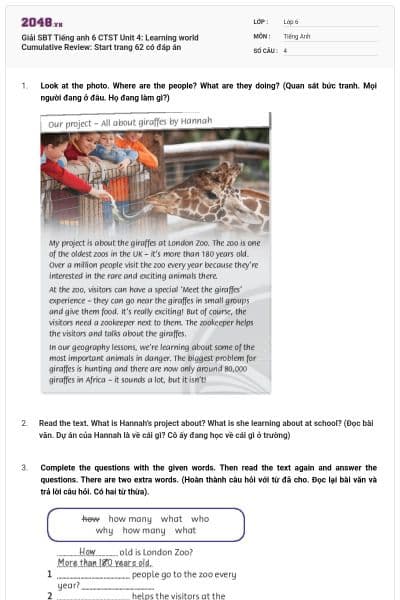 Giải SBT Tiếng anh 6 CTST Unit 4: Learning world Cumulative Review: Start trang 62 có đáp án