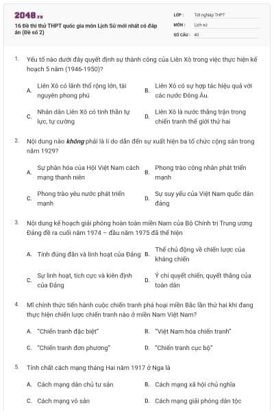 16 Đề thi thử THPT quốc gia môn Lịch Sử mới nhất có đáp án (Đề số 2)
