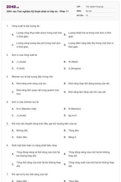 300+ câu Trắc nghiệm Kỹ thuật nhiệt có đáp án - Phần 11