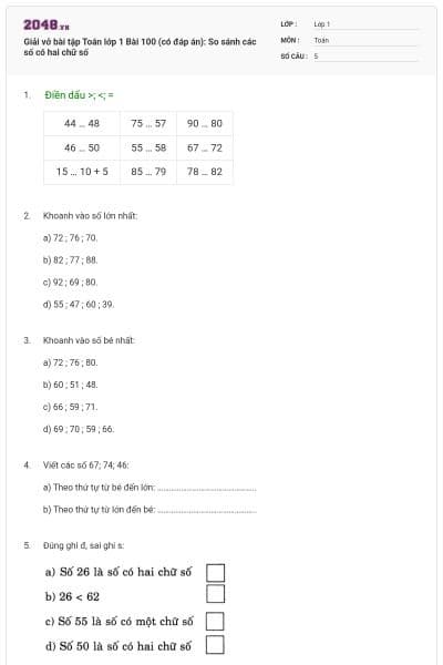 Giải vở bài tập Toán lớp 1 Bài 100 (có đáp án): So sánh các số có hai chữ số