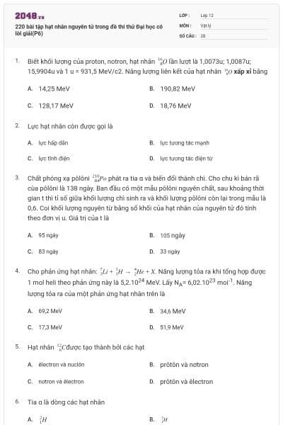 220 bài tập hạt nhân nguyên tử trong đề thi thử Đại học có lời giải(P6)