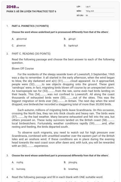 PHẦN 3: ĐỀ ÔN LUYỆN THI  PRACTICE TEST 6