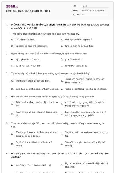 Đề thi cuối kì 2 KTPL 12 (có đáp án) - Đề 3