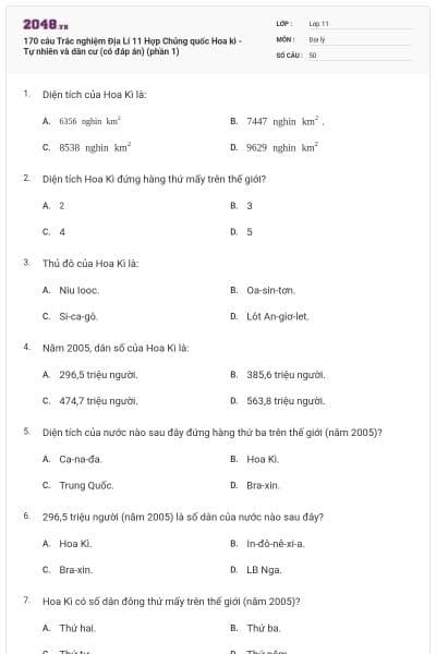 170 câu Trắc nghiệm Địa Lí 11 Hợp Chủng quốc Hoa kì - Tự nhiên và dân cư (có đáp án) (phần 1)