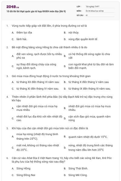 10 đề thi thi thpt quốc gia tổ hợp KHXH môn Địa (Đề 9)