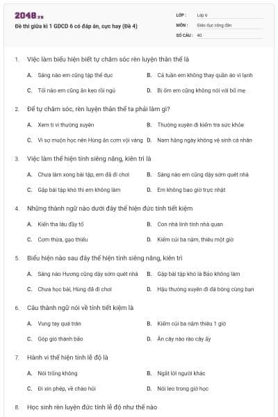 Đề thi giữa kì 1 GDCD 6 có đáp án, cực hay (Đề 4)