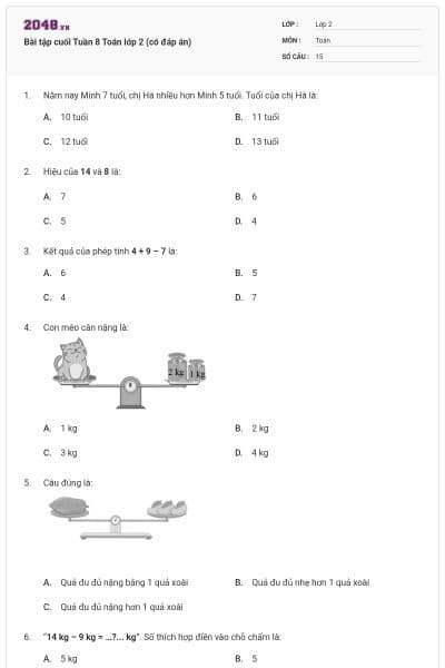 Bài tập cuối Tuần 8 Toán lớp 2 (có đáp án)