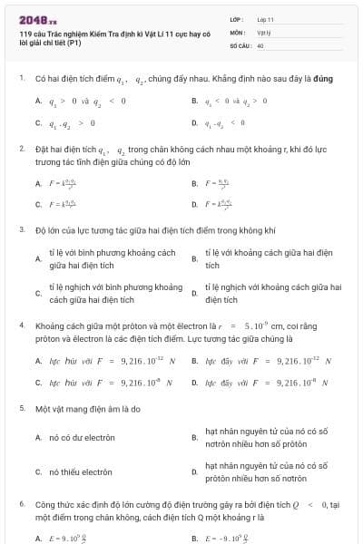 119 câu Trắc nghiệm Kiểm Tra định kì Vật Lí 11 cực hay có lời giải chi tiết (P1)