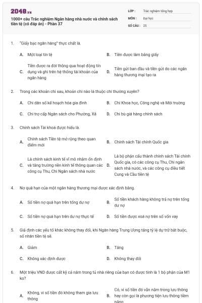 1000+ câu Trắc nghiệm Ngân hàng nhà nước và chính sách tiền tệ (có đáp án) - Phần 37