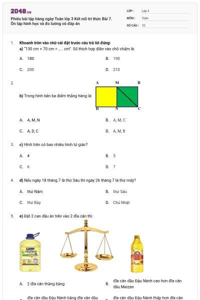 Phiếu bài tập hàng ngày Toán lớp 3 Kết nối tri thức Bài 7. Ôn tập hình học và đo lường có đáp án