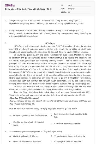 Đề thi giữa kì 1 lớp 5 môn Tiếng Việt có đáp án ( Đề 1)