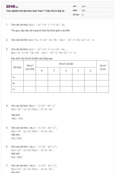 Trắc nghiệm bài tâp theo tuần Toán 7-Tuần 28 có đáp án
