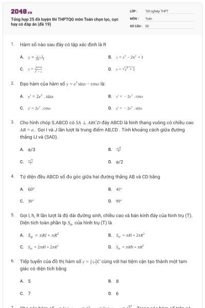 Tổng hợp 25 đề luyện thi THPTQG môn Toán chọn lọc, cực hay có đáp án (đề 19)