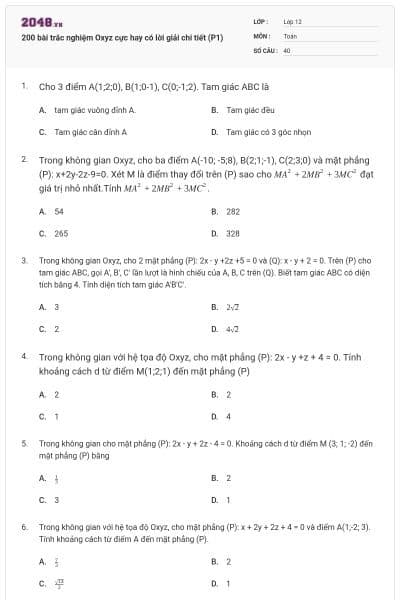 200 bài trắc nghiệm Oxyz cực hay có lời giải chi tiết (P1)