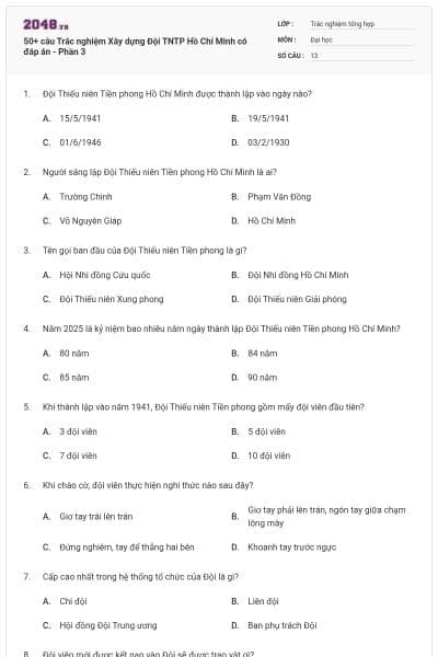 50+ câu Trắc nghiệm Xây dựng Đội TNTP Hồ Chí Minh có đáp án - Phần 3