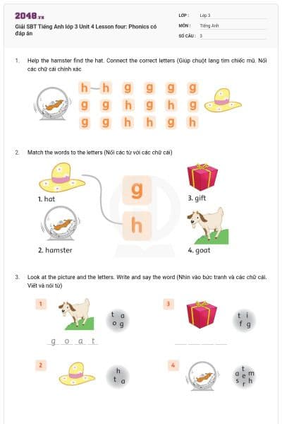 Giải SBT Tiếng Anh lớp 3 Unit 4 Lesson four: Phonics có đáp án
